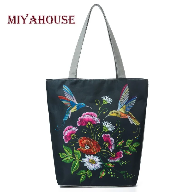 Miyahouse الملونة الزهور و الطيور طباعة حقيبة كتف المرأة Lmitation التطريز عارضة حقيبة يد الإناث قماش سيدة حقيبة يد