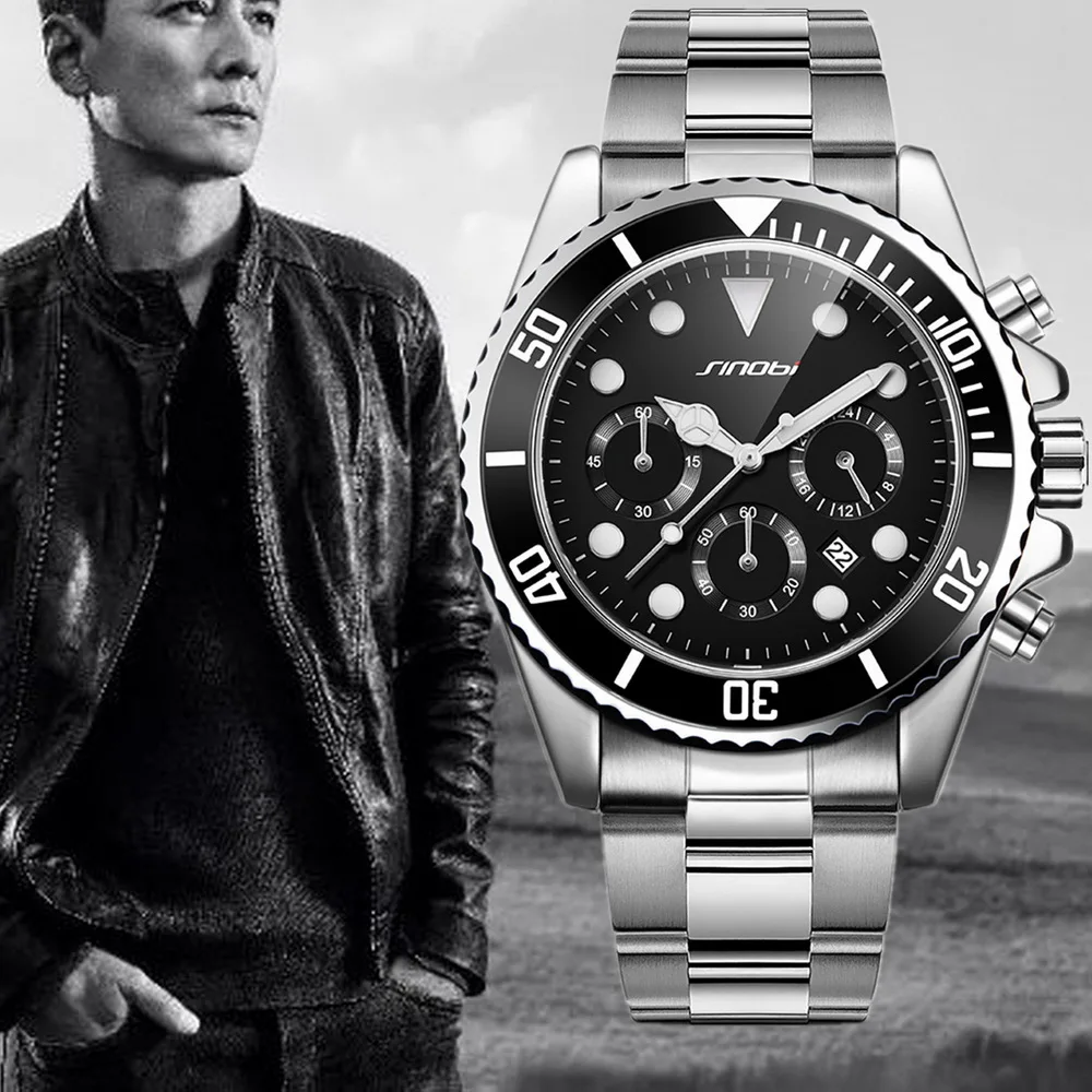 

Sinobi Men's Quartz Watch Full Steel Waterproof Calendar Luxury Rolexable Chronograph Man Business Wrist Watch Relogio Masculino