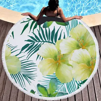 

Sunbath Tropical Banana Palm Tree Leave Printed Large Microfiber Round Beach Towel For Adults With Tassel Serviette De Plage