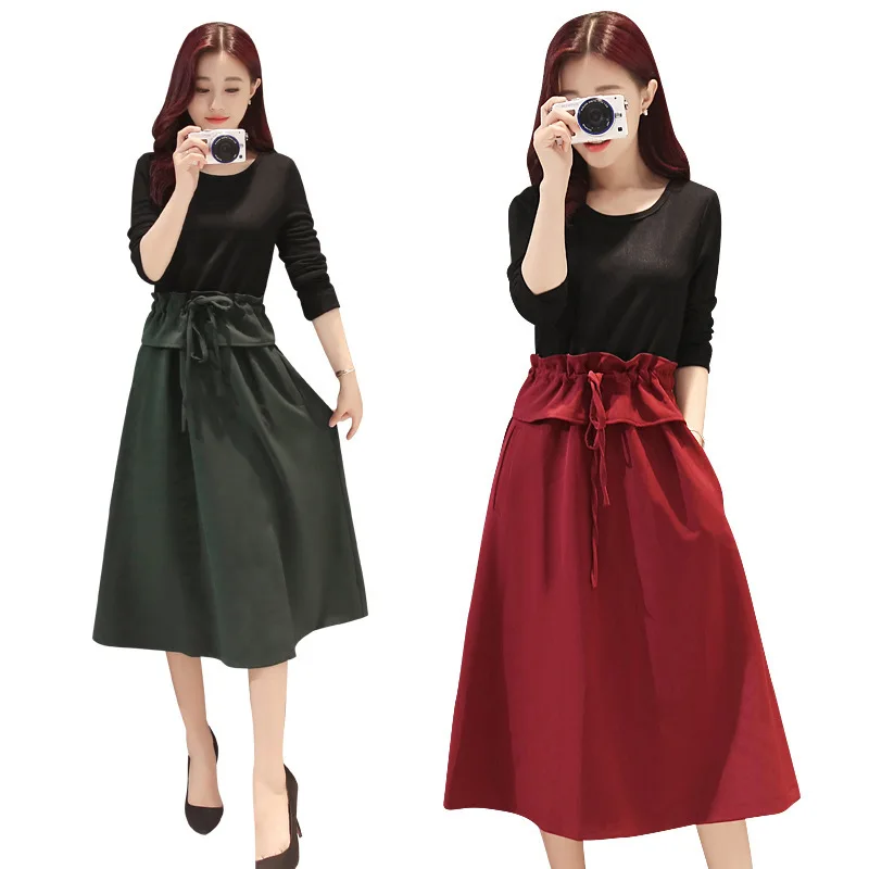 2017 Autumn & winter New Arrival Women Dress Korean Fashion Graceful Slim Fake Two-piece Dress O Neck Long-sleeve A-line Dress