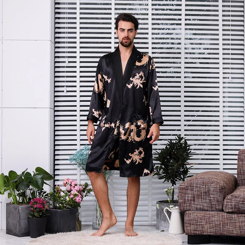 

2019 New Robes Men Softness Satin Silk Sleepwear Male Dragon Pattern Bathrobes Long-Sleeve Pijama Sleeping Robe Plus Size 5XL