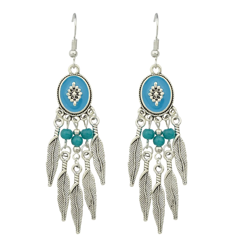 Богемный Серьги Этническая Bijoux старинное серебро Цвет с ful эмаль Бусины листьев