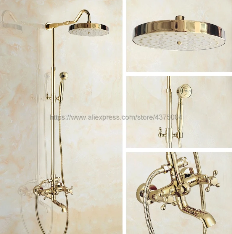 

Polished Gold Rain Shower Faucet Set Tub Spout Mixer Tap W/ Hand Shower Wall Mounted Shower Faucet Ngf665