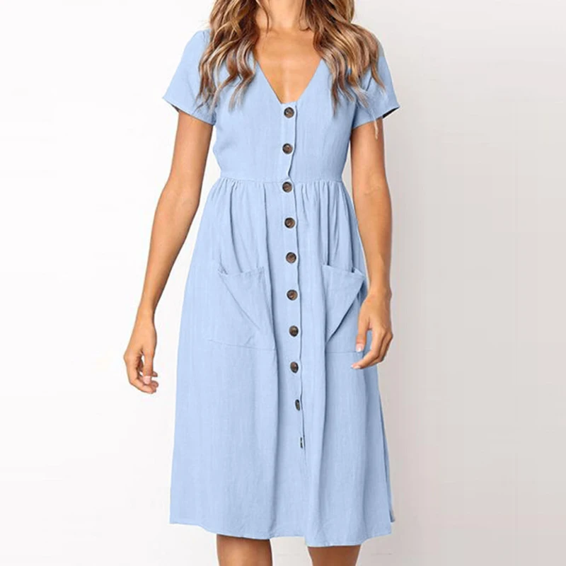 Women's Sexy Summer Dresses 2019 Boho Short Sleeve Button Solid Midi Dress Sundress With Pockets Lady Beach Party Dress Vestidos