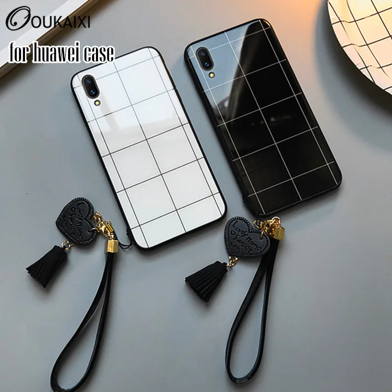OUKAIXI Black white minimalist lattice Phone Case for Huawei mate10/9/20 case on huawei mate9 Soft Edge PC+Glass Back Cover |