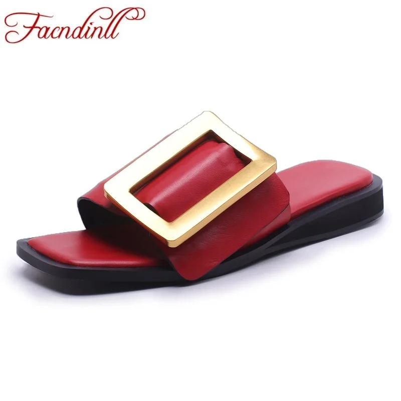 

FACNDINLL summer shoes genuine leather platform sandalsladies party casual shoes women beach sandals casual red black slipper