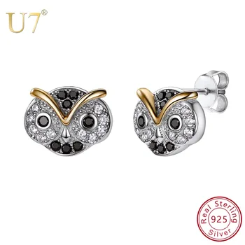 

U7 100% 925 Solid Real Sterling Silver CZ Crystal Cute Charms Owl Stud Earrings For Women Girl Wedding Brincos Accessories SC237