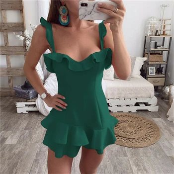 

Women Summer Straped Ruffled Dress New Ladies Short Mini Sundress Solid Holiday Beach Sea Side Dresses 2019 New