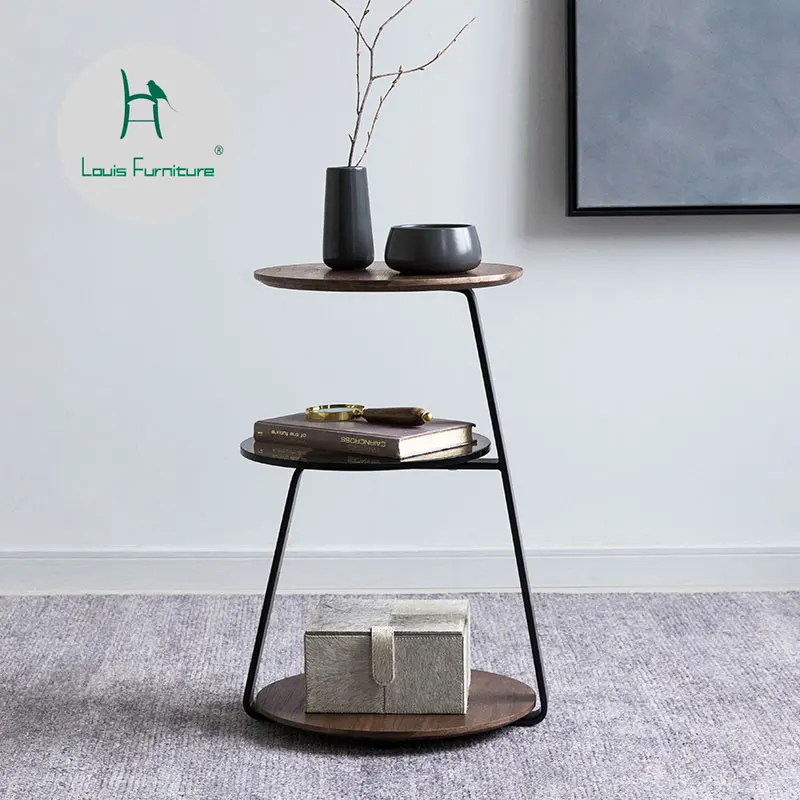 

Louis fashion Coffee Tables Scandinavian corner walnut creative three-layer sofa side iron art round tea
