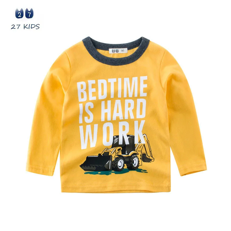 

Autumn Children Brand Garment Designer Shirts Cotton Kids Tshirt Baby Tee Long Sleeve Yellow Tops Bulldozer Pattern Boys Clothes