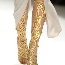 Настоящая фотография горячий отключения золото графический гладиатор сандалевидная обувь кольцевой буфер летнее платье каблуках обуви женщин размер 34–42