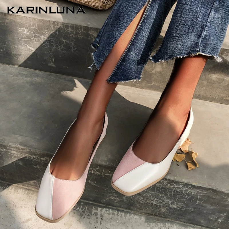 

Karinluna Fashion Large Size 32-43 Hot Sale Chunky Heels Pumps Woman Shoes Slip On Square Toe INS Pumps Lady Shoes Woman