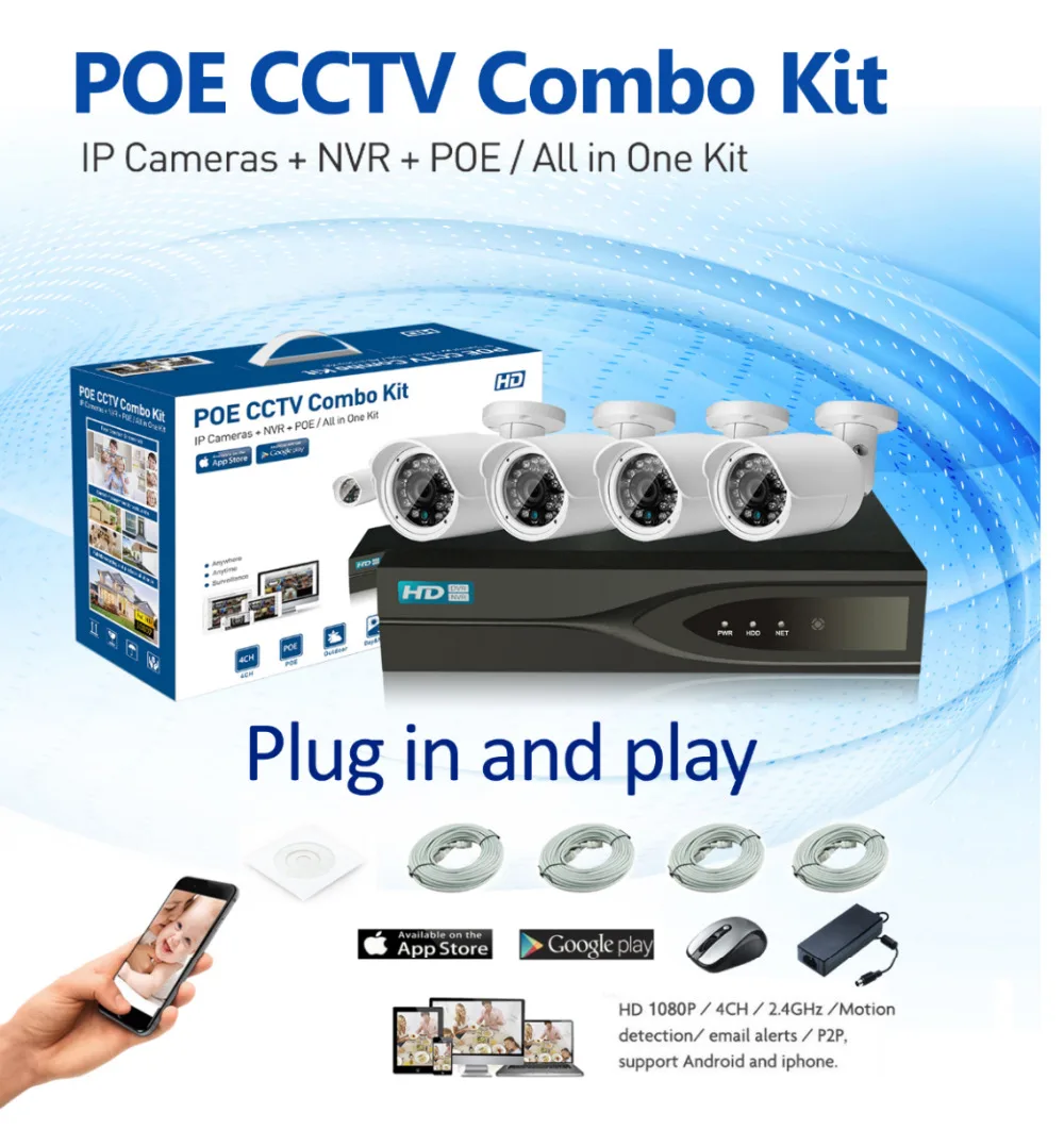 

HD 1080P POE 4PCS 1.3MP IP Network Security Camera CCTV System 4CH HDMI NVR Email Alert P2P Surveillance Kits