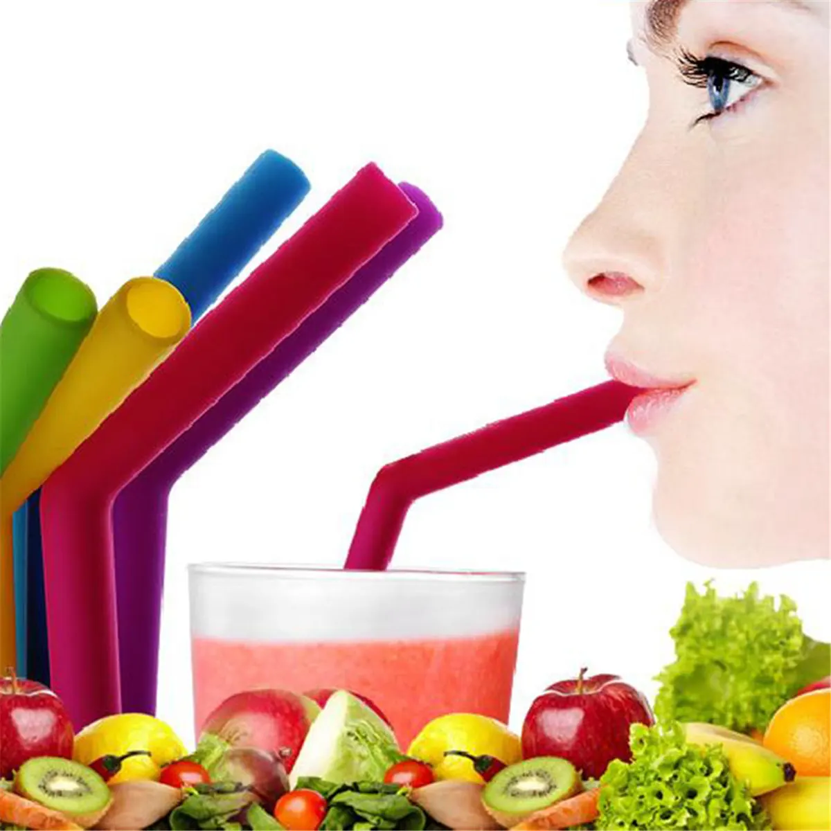 

6pcs Food Grade Silicone Drinking Straw Reusable Tropical Cocktail Straight Bending Straws With Cleaning Brush Party Supplies