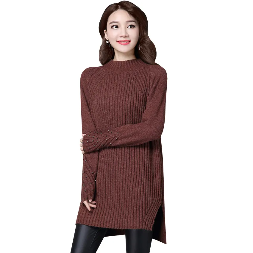Women Turtleneck Sweater Dress Autumn Winter Loose Beading Knitted Dresses Lady Warm Thick Split