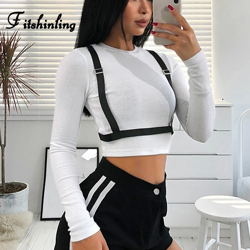 

Fitshinling 2019 Spring t-shirts for women buckle white crop top female long sleeve slim sexy fashion t-shirt streetwear tops