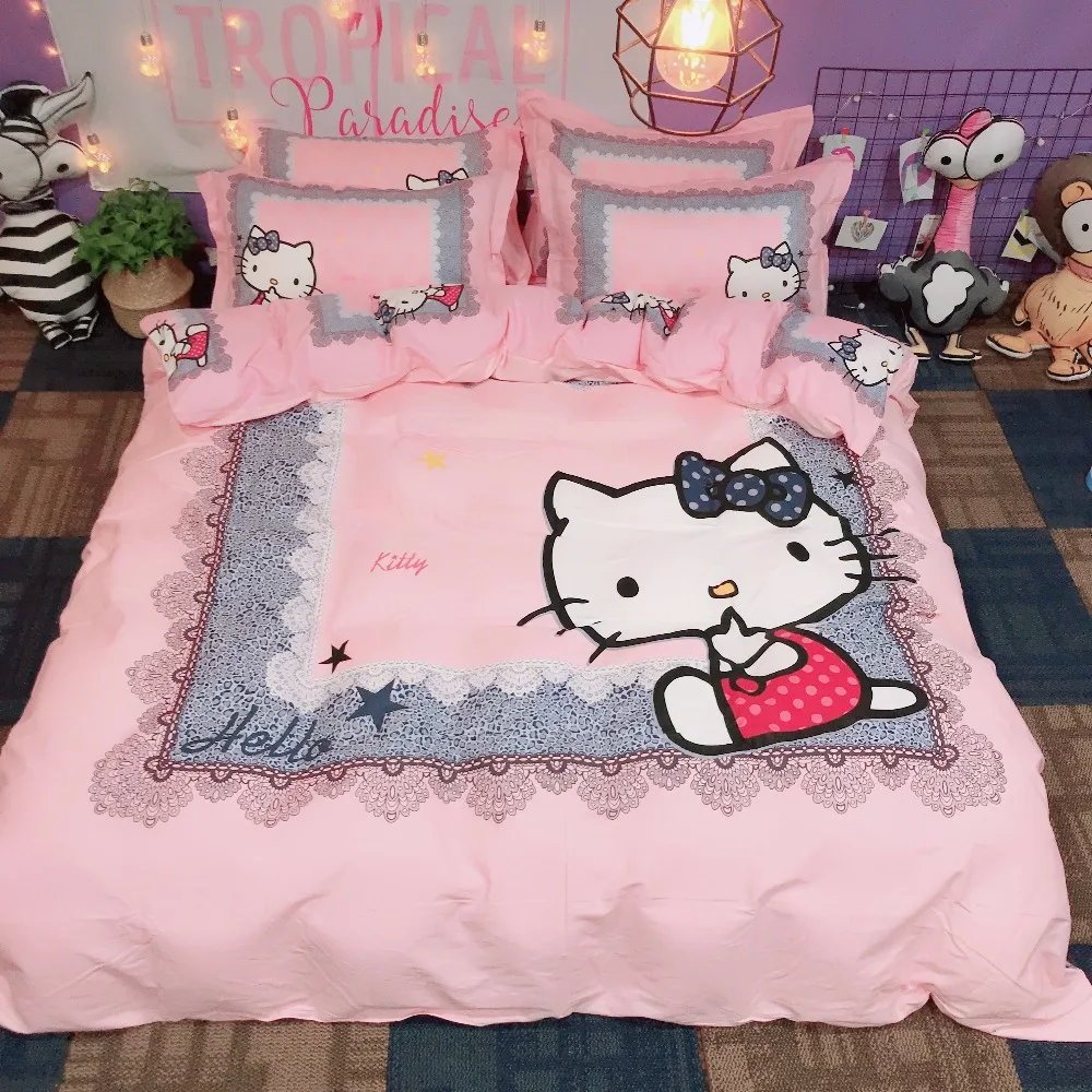 Мультяшный стиль hello kitty, детские наборы постельных принадлежностей, 3-4 шт., Комплект постельного белья, пододеяльник, простыня, наволочка, двойная королева, король, домашний текстиль