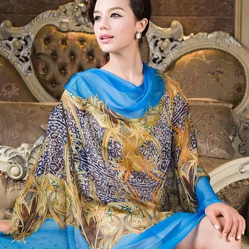 

Blue Female Long Silk Scarf Shawl Printed Fashion Brand Blue Silk Scarf Wraps Women All-match Luxury Pure Silk Chiffon Scarves