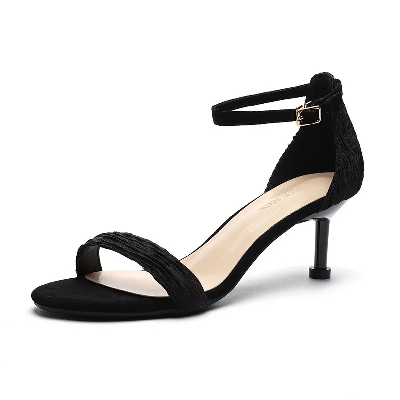 

Fashion Women Sandals For 2019 Word band Flock Buckle Strap Thin Heels Round Toe Summer Women Sandals