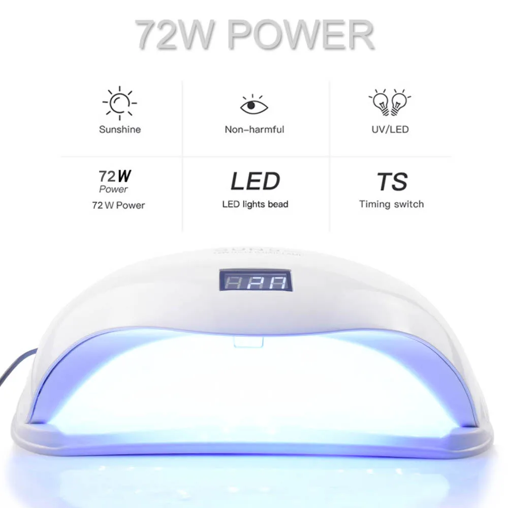 72W фары для SUN5 Pro УФ лампа Светодиодный лампа для ногтей Сушилка для ногтей для всех гели от солнца светильник инфракрасного зондирования 10/30/60s Timer смарт-лампа для маникюра