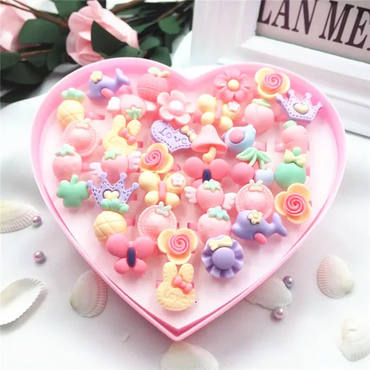  36pcs Mini Cartoon Candy Flower Kindergarten Little Girl Plastic Ring Set Pretend Play Beauty Fashi - 33001980751