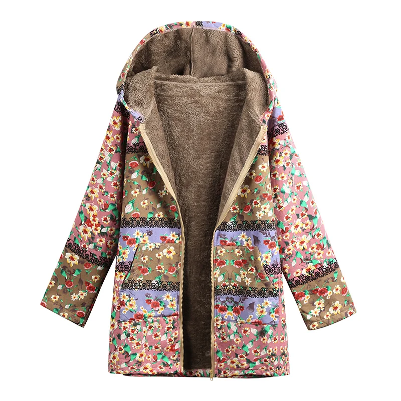 EaseHut Fall Long Hooded Coats Retro Floral Print Long Sleeve Autumn Lady Casual Parkas 5XL Plus Size Winter Women Jackets