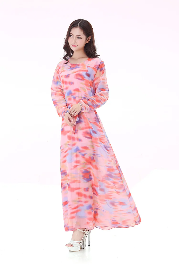 New Chiffon Big Yards Female Long Dress Printing Long Sleeve Dress The Hui Women's Clothing Dress Muslim Gown Sunday Clothes
