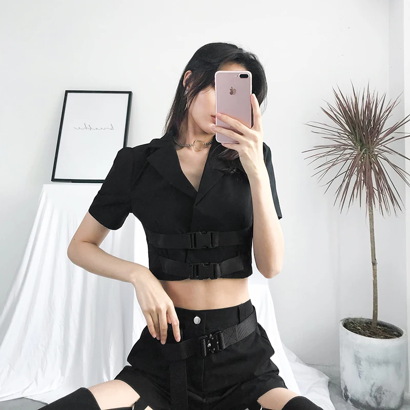 УКОРОЧЕННЫЙ ТОП HEYounGIRL в стиле Харадзюку черная футболка Корейская панк с