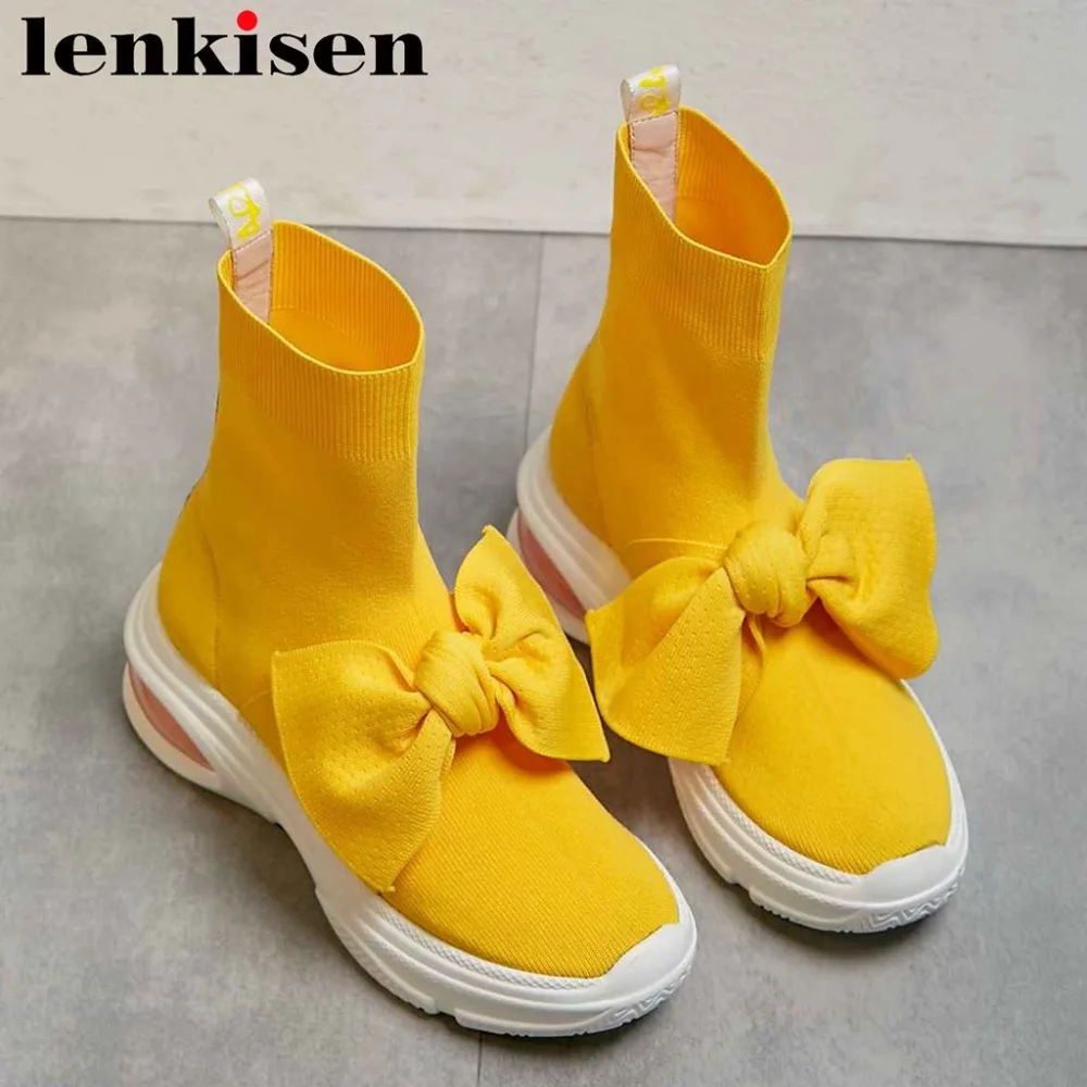 

Lenkisen sweet girl high thick bottom fairy butterfly-knot platform slip on knitting round toe novelty design mid-calf boots L12