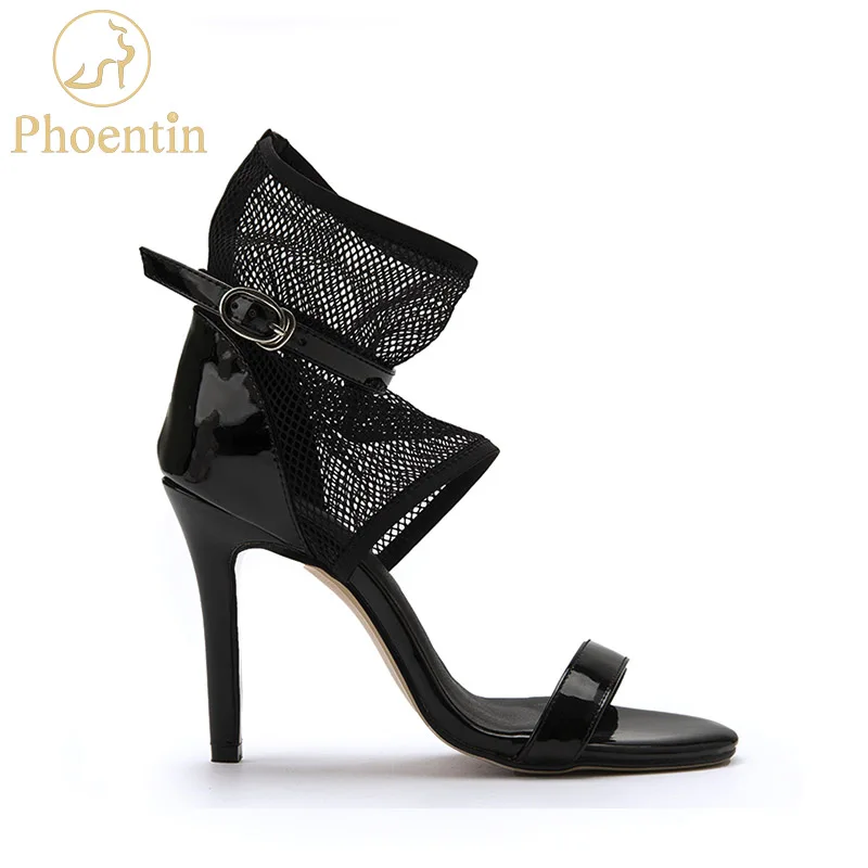 

Phoentin thin high heels air mesh boots 2019 sexy patchwork peep toe ankle sandals boots buckle summer shoes women black FT644