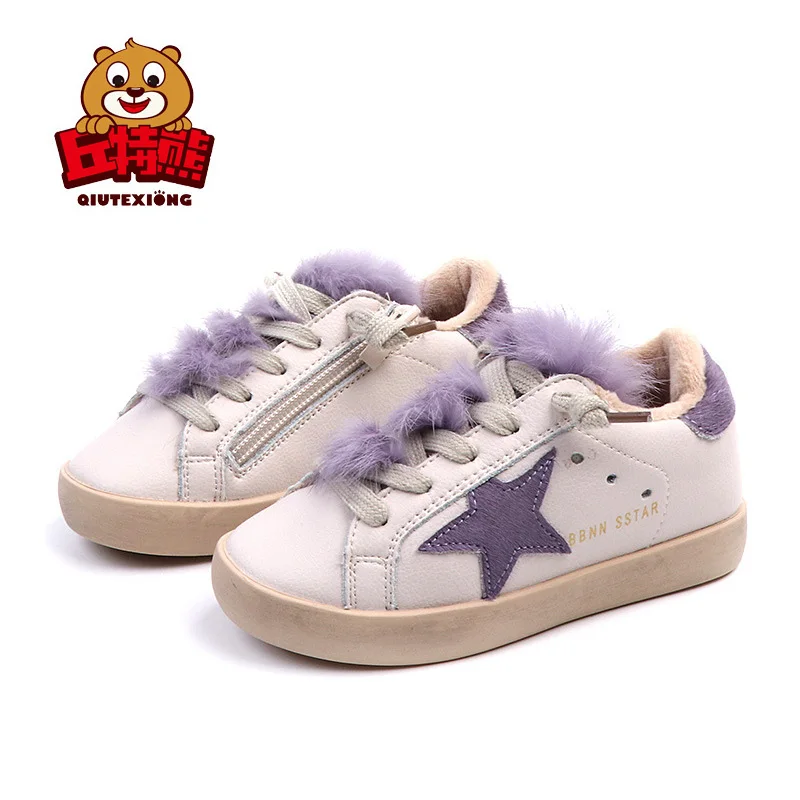 Glitter Star Sneakers Toddler Girl Flat Shoes 2018 Winter Baby Boys Sport Shoes Soft Rabbit Fur
