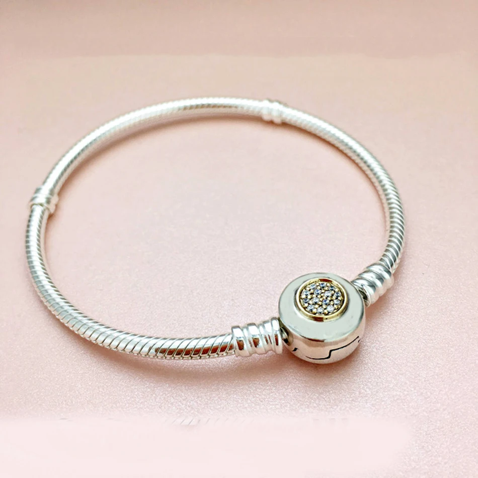 

Authentic 925 Sterling Silver Bracelet MOMEMTS Two-Tone Snake Chain Bracelets For Women fit Lady Beads Charm Jewelry