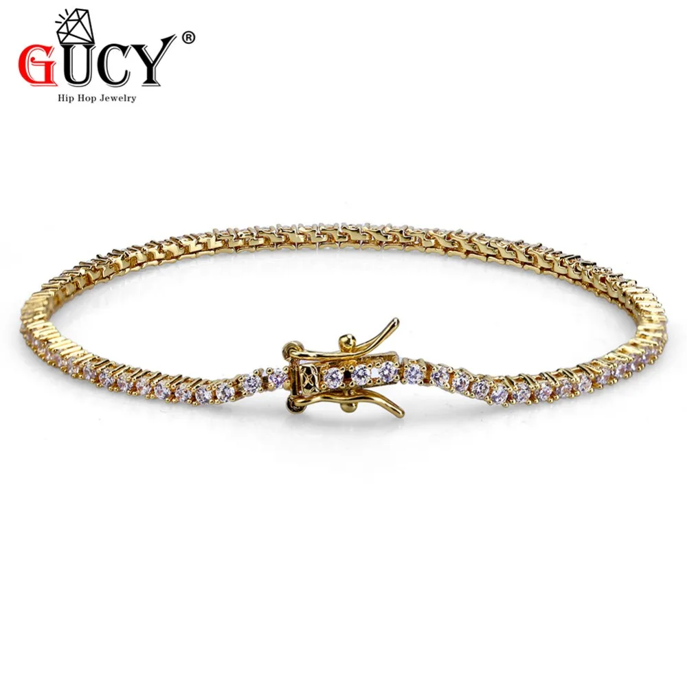 

GUCY Hip Hop 2 mm Men 1 Row Tennis Chain Bracelet Gold Color Iced Out Micro Pave Lab D Stud Earrings With Screw Back For Gift