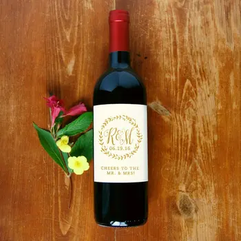 

personalise any text gold wreath Wedding Wine Bottle Stickers lables birthday engagement party wine bottle lable favors sticker