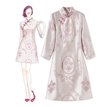 

YANXI New Women Improved Mandarin Collar Cheongsam Pink Flower Traditional Evening Mini Dress Chinese Style Qipao Vestidos