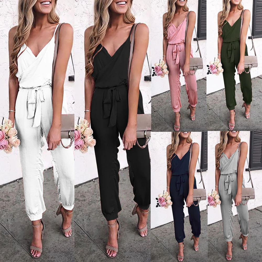 

HEFLASHOR Solid Color Belt Jumpsuit New Brand Fashion Women Camisole Sets Hot Sales Slim Style For Female suit Plus Size 3XL