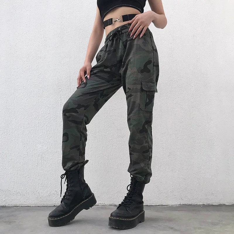 

Dark Camouflage Pants Women Cargo Pants High Waist Joggers Ladies Camo Pants with Drawstring Waist Pantalon Cargo Femme