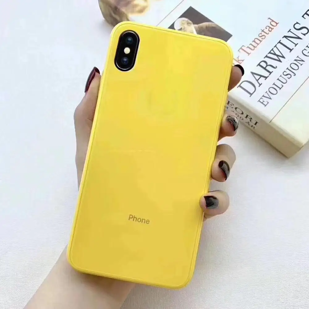 Милый чехол из закаленного стекла Macaron для iPhone X 11 Pro Чехол для Xs Max XR 8 Plus 7 6 защитная задняя крышка модный жесткий чехол - Цвет: Цвет: желтый