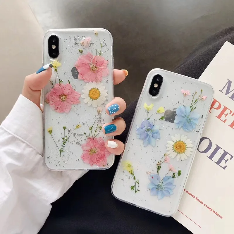 Tfshining INS Real Dried Flower Glitter Bling Case For iPhone 11 X 6 7 8 Plus XR XS Max Pro Transparent Girls Cover | Мобильные