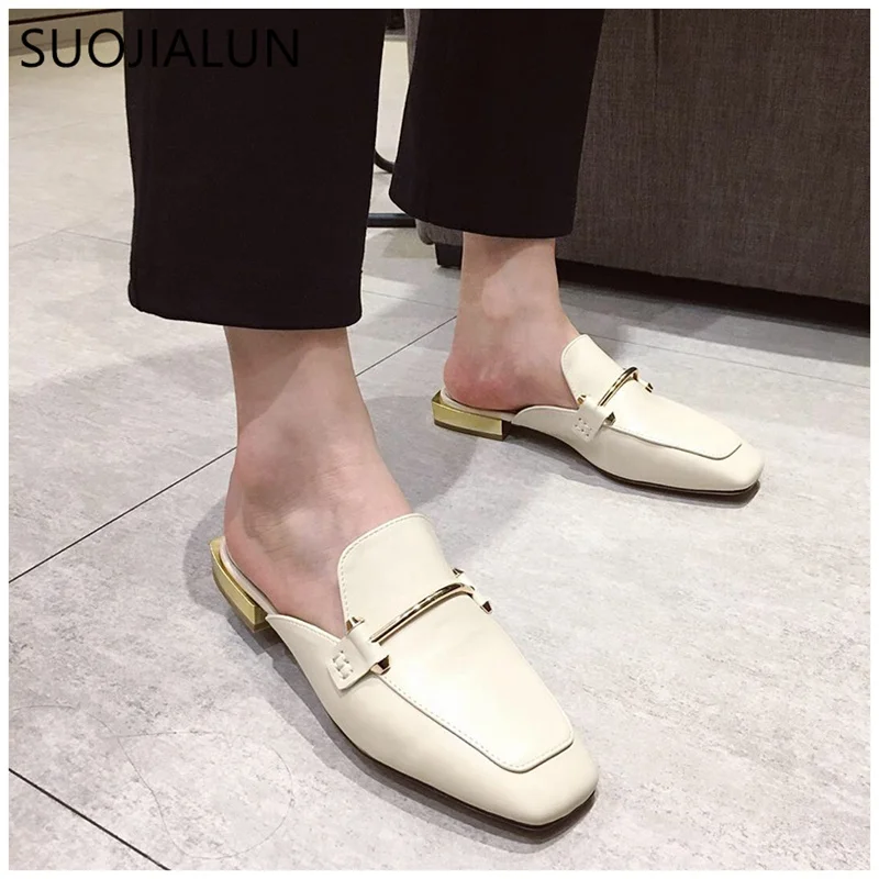 

SUOJIALUN Casual Woman Slippers Flat Mule Square Toe Shoes Outside British Style Buckle Slipper Outdoor Slide Women Slippe