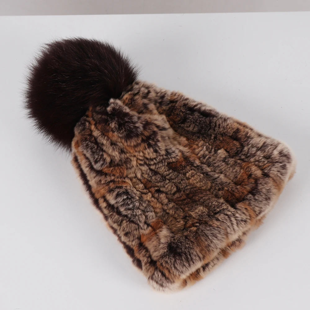 Женские вязаные шапки с помпоном из лисьего меха в полоску|Женские Skullies и