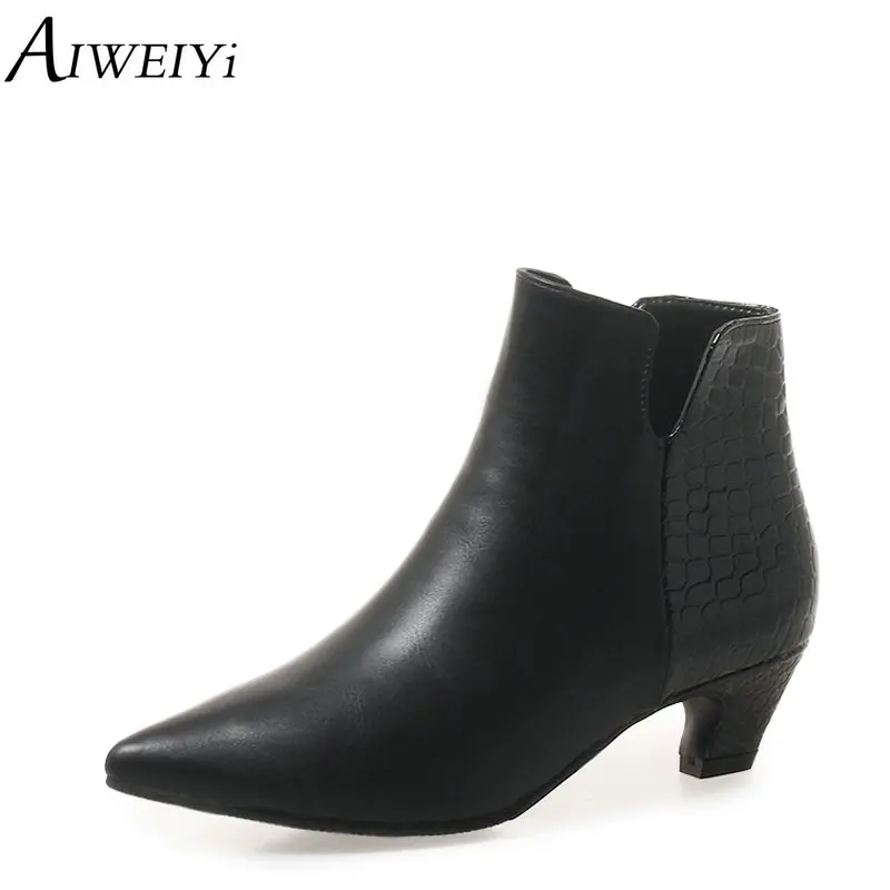 

AIWEIYi Pointed toe Ankle Boots for Women Black Strange Heel Med Heels Shoes Woman Autumn Winter Short Boots Fur Warm Booties