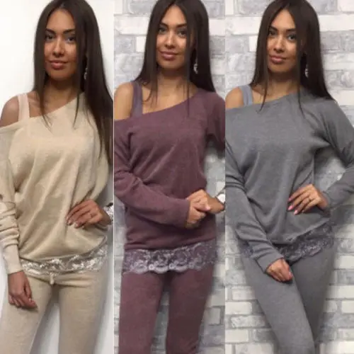 

Newest Women Off Shoulder Jumpers Long Sleeve Shirts T-Shirts Casual Top Solid Lace Autumn Tops