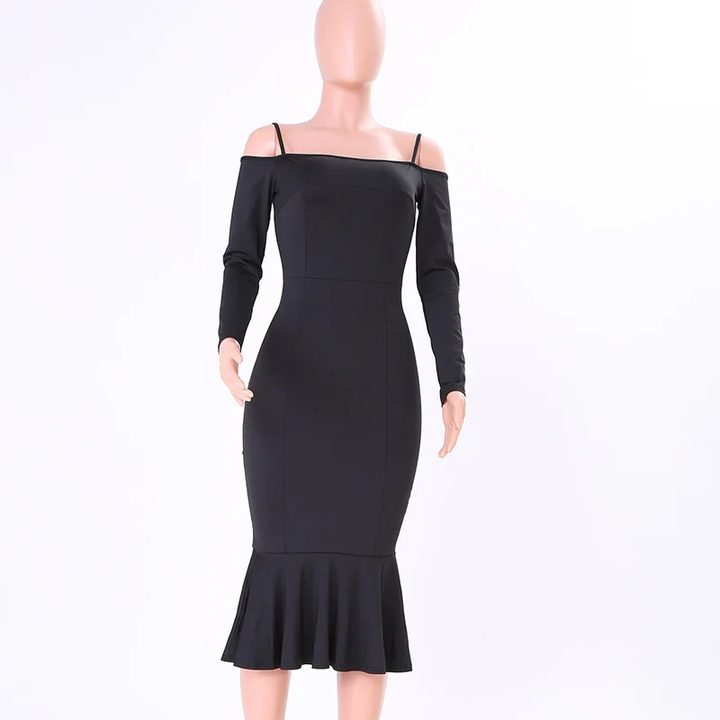 Kostlich Spaghetti Strap Long Sleeve Ruffles Mermaid Party Dresses Slash neck Bodycon Sexy Women Midi Dress 6 Colors Clothing (24)
