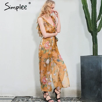

Simplee Sexy V neck print flower women jumpsuit romper Boho ruffle chiffon summer overalls Backless high waist split playsuit