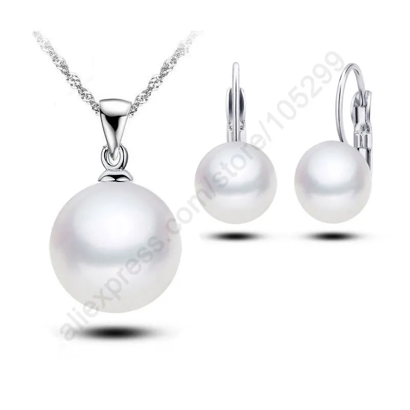 

JEXXI New Fine Jewellery Sterling Silver 925 Jewelry Sets 12MM Natural Freshwater Pearl Pendant Necklace Hoop Ear Lever Earrings