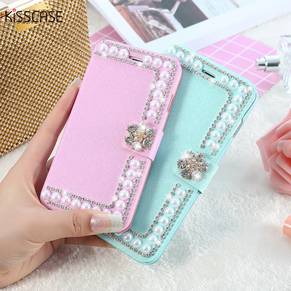 

KISSCASE Leather Flip Case For iPhone 6 6S 7 Plus Glitter Rhinestone Wallet Holder Stand Cover For iPhone 5 5S SE 7 8 Plus Coque