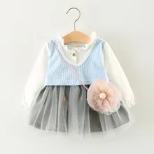 Autumn Long Sleeve Baby Party Girls Kids Ruffles Knitting Patchwork Dresses Princess Infants Tutu Ball Gown
