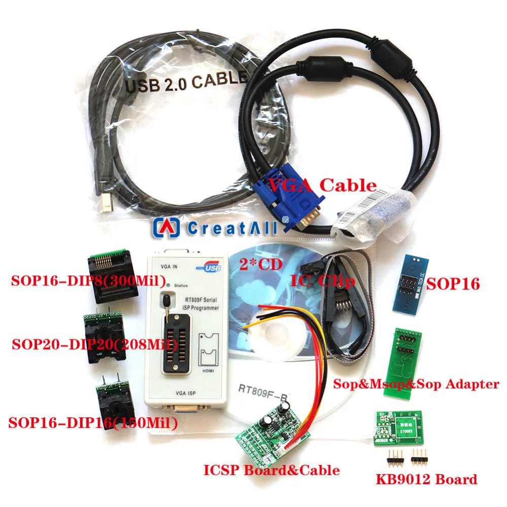 RT809F программист + 7 адаптеров + SOP16 SOP20 IC Clip материнская плата считыватель ЖК-дисплей BIOS ISP/USB/VGA