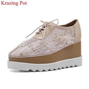 

superstar breathable mesh cow leather lace up high heels thick bottom women sneakers wedges platform casual vulcanized shoes L08